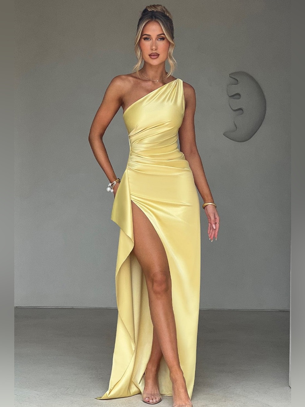 One-Shoulder Yellow Evening Gown with High Slit